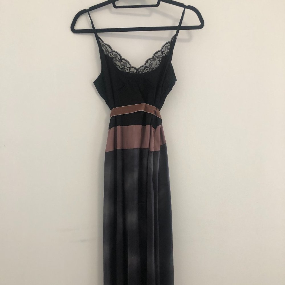 SISLEY black/tie dye satin slip dress w lace neckline, Size M (US)